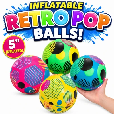 Retro Pop inflatable vinyl balls with colorful geometric patterns, 5-inch inflated size, perfect for crane machines, arcade prizes, carnival games, beach parties, and summer event giveaways.