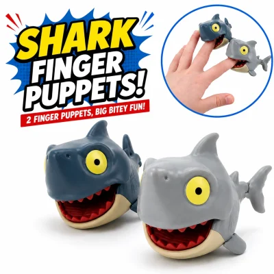 Shark Finger Puppets novelty toy set featuring realistic chomping shark finger puppets with interactive hand demonstration on a clean white background, ideal for vending machines, prize counters, party favors, redemption games, and kids' gifts.
