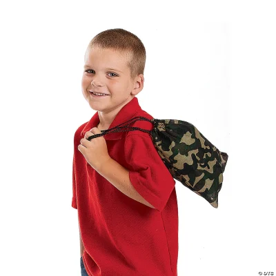 Child wearing small camouflage drawstring bag, lightweight polyester prize bag for arcades, schools, and events