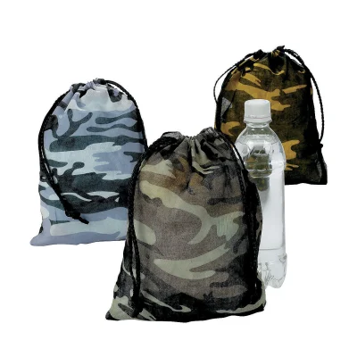 Small camouflage polyester drawstring bags with nylon cords, retail-ready prize bags for arcade redemption and events