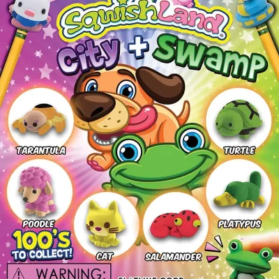 SqwishLand City and Swamp squishy capsule toys featuring frog, dog, turtle, cat, salamander, tarantula, poodle, and platypus collectibles 1,500 count in one inch capsules