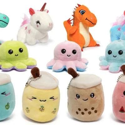 Colorful Assorted Plush Keychain Toys Including Dragons, Unicorns, Octopus Plush, and Bubble Tea Characters on White Background – Mixed Crane Prize Assortment