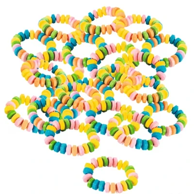 Bulk stretchable candy bracelets in assorted fruit colors individually wrapped for carnival prizes and school giveaways