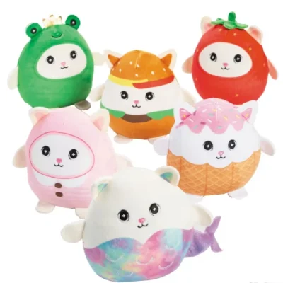 5 inch costume cat plush assortment featuring themed character designs in frog, strawberry, burger, ice cream and mermaid costumes