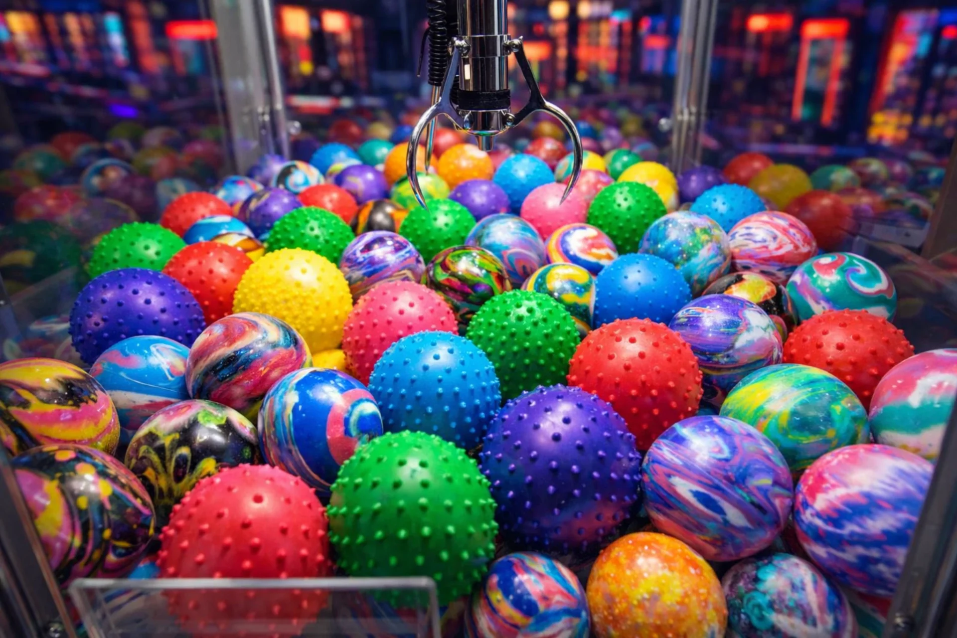 Mixed crane machine ball prizes including knobby balls and hi-bounce swirled balls in arcade setting