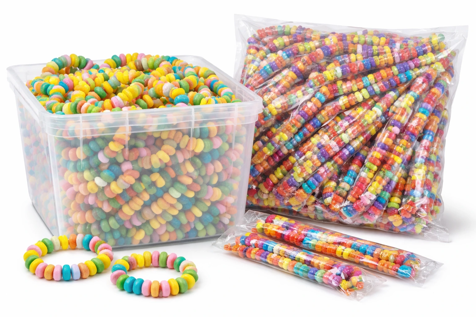 Bulk candy bracelets in bin and individually wrapped candy necklaces for vending machines and school events