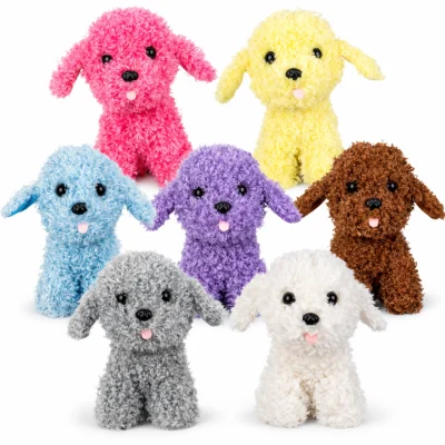 Assorted curly plush puppy toys in seven bright colors including pink, yellow, blue, purple, brown, gray, and white on white background for crane machines and prize redemption