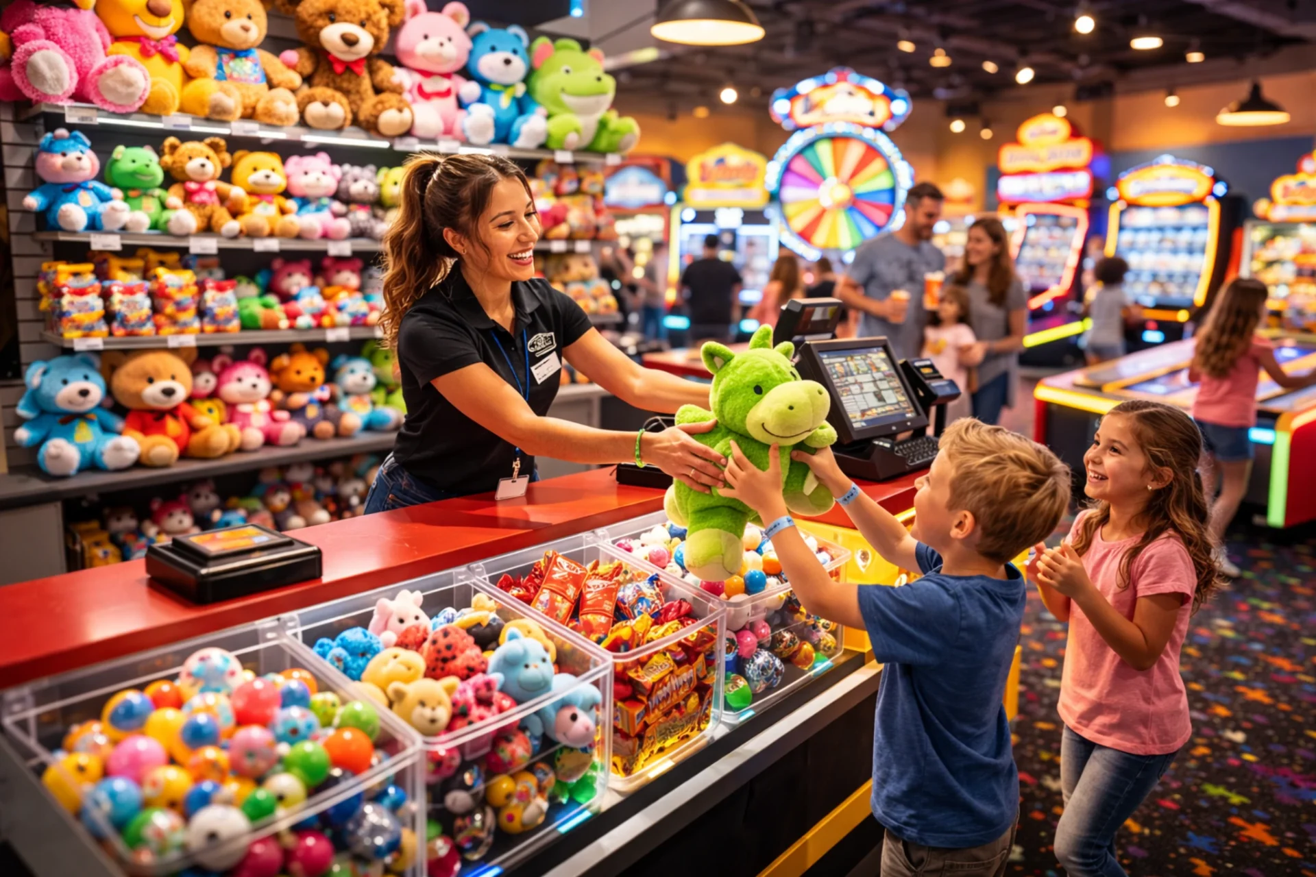 Family entertainment center redemption counter with plush prizes, candy, and capsule toy bins