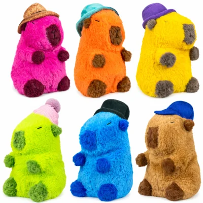 Colorful capybara plush toys with assorted hats including pink, orange, yellow, green, blue and brown styles for crane machines and prize redemption