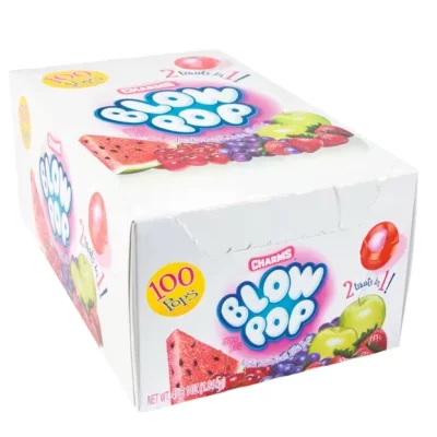 Assorted Charms Blow Pop lollipops in grape, cherry, strawberry, sour apple, and watermelon flavors on white background
