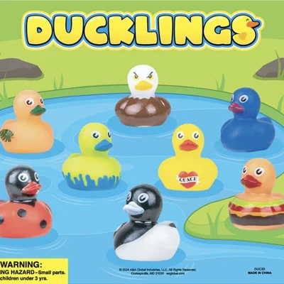 Ducklings display card showing assorted rubber duck designs for crane machines and prize counters, 2 inch capsule toy assortment
