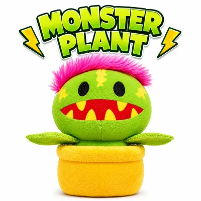 Monster Plant plush toy featuring a bright green monster character with pink fuzzy hair, lightning bolt accents, and a toothy grin sitting inside a yellow flower pot. Bold green "MONSTER PLANT" title with lightning bolts appears above on a white background, creating a high-impact crane machine prize and amusement redemption product image.