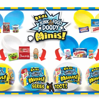 Real Junk Food Doody Minis toy capsules featuring miniature parody junk food items for crane machines and redemption prizes