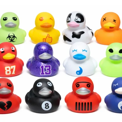 6 inch assorted designer rubber ducks featuring biohazard, eight ball, alien, football jersey and novelty styles – 48 count bulk crane machine prize mix