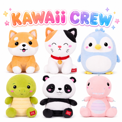 Kawaii Crew plush animal collection featuring a Shiba Inu dog, calico cat, penguin, turtle, panda, and pink dinosaur beneath a colorful “Kawaii Crew” title on a clean white background with pastel star accents.