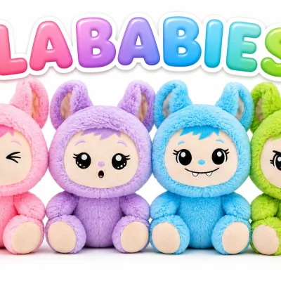 "Yoonique Lababies plush character collection featuring four colorful stuffed dolls in pink, purple, blue, and green animal-ear hooded outfits beneath a rainbow LABABIES title on a clean white background."