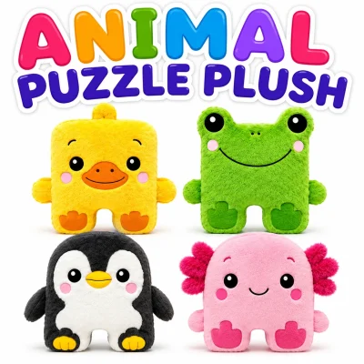 Animal Puzzle Plush assortment featuring four puzzle-style plush animals including a duck, frog, penguin, and axolotl on a white background for crane machines, claw machines, redemption prizes, and arcade games.