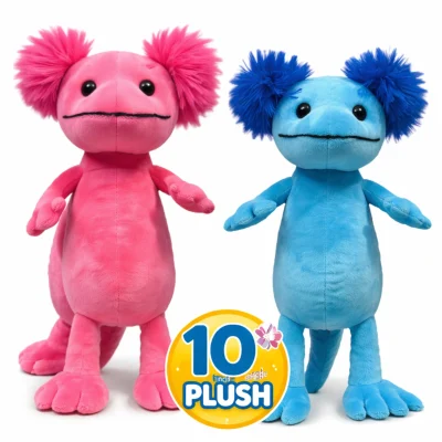 10 inch axolotl plush toys in pink and blue with fluffy gill details ideal for crane machines and arcade prizes
