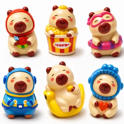 Cute capybara summer collectible figurines including popcorn capybara, pool float capybara, astronaut capybara, and heart capybara on white background
