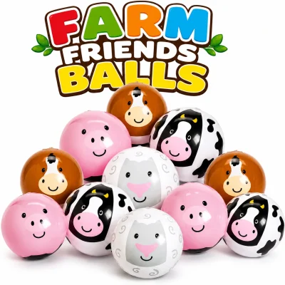 Farm Friends Balls inflatable vinyl farm animal balls featuring pig, cow, sheep, and horse designs on a white background for claw machines, redemption prizes, arcades, and carnival games.