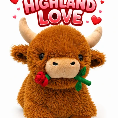 Highland Love plush Highland cow with shaggy brown fur holding a red rose in its mouth, displayed on a white background beneath a pink and red gradient "HIGHLAND LOVE" title with heart accents. Valentine-themed plush prize ideal for crane machines, gift shops, and redemption counters.