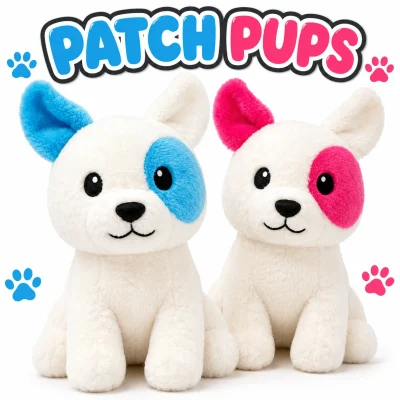 "PATCH PUPS plush toy assortment featuring two white stuffed puppies with colorful eye patches and matching ears—one blue and one pink—displayed on a clean white background with playful paw print accents and bold PATCH PUPS title above."