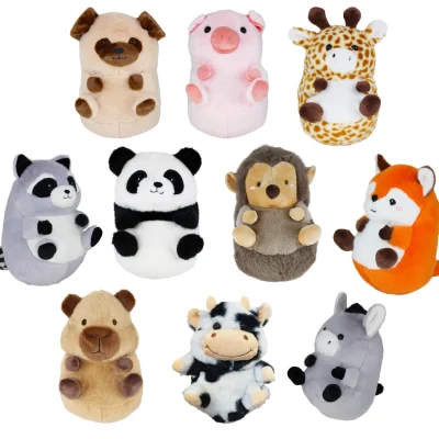 Assorted animal plush toys including panda, fox, giraffe, pig, raccoon, hedgehog, donkey, cow, pug, and capybara in a soft rounded sitting design on a white background.