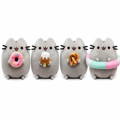 6.5 inch assorted plush toys with donut, ice cream, pretzel and floatie designs aligned evenly on white background for claw machines and vending