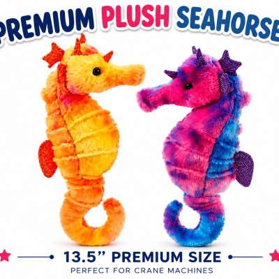 Premium Plush Seahorses featuring colorful orange, pink, blue, and purple tie-dye seahorse plush toys on a clean white background with premium title text.