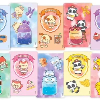 Complete Anirollz Stickers Series collection showing all 10 kawaii animal designs including Owlyroll, Puppiroll, Pandaroll, and Kittiroll with colorful dessert-themed artwork for vending
