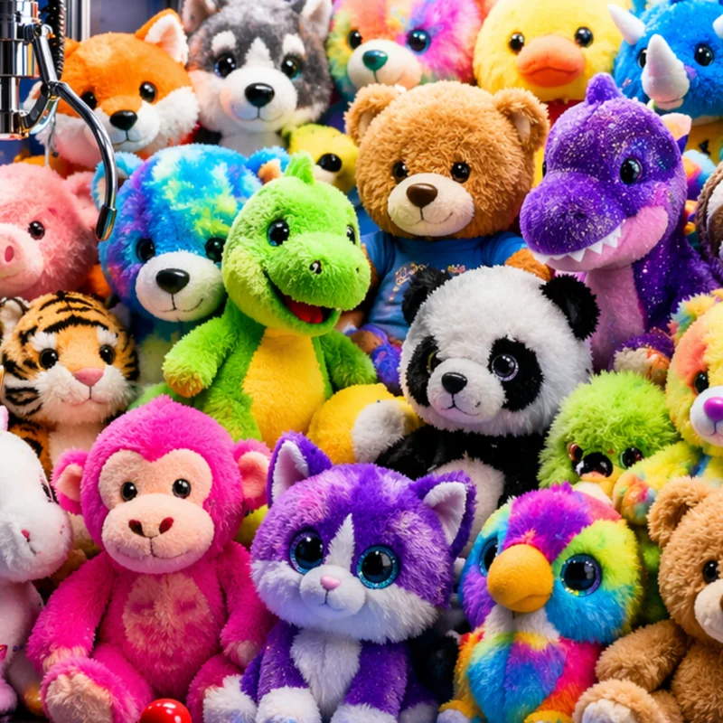 Claw machine filled with plush prizes in a family entertainment center