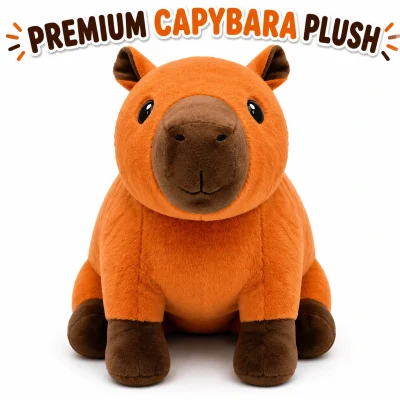 Premium Capybara Plush featuring a soft orange and brown capybara stuffed animal on a clean white background with premium title text.