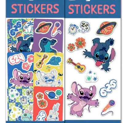 Disney Stitch Stickers display sheets featuring colorful Lilo and Stitch characters and tropical-themed designs for flat vending machines