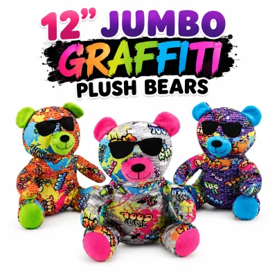 12-inch jumbo graffiti plush bears with colorful street art patterns and sunglasses on a clean white background with bold graffiti-style title text above.