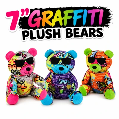 7-inch graffiti plush bears with colorful street art patterns and sunglasses on a clean white background with bold graffiti-style title text above.