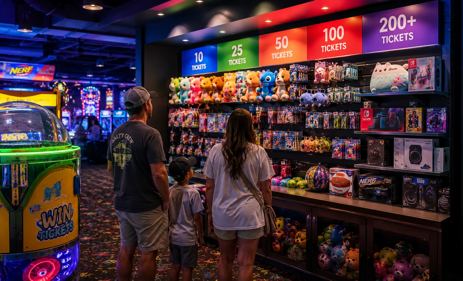 Family viewing a colorful arcade redemption prize wall organized by ticket tiers with plush toys, collectibles, electronics, and prize displays inside a modern entertainment center