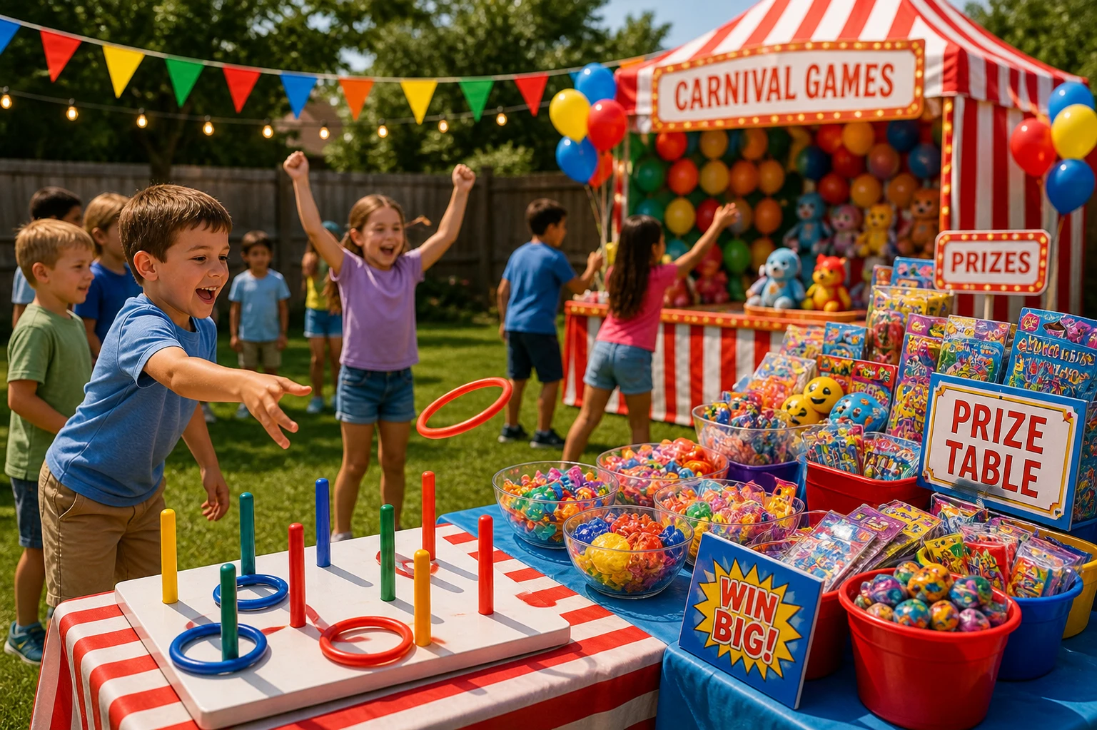 Kids playing carnival games with prize table at a backyard party