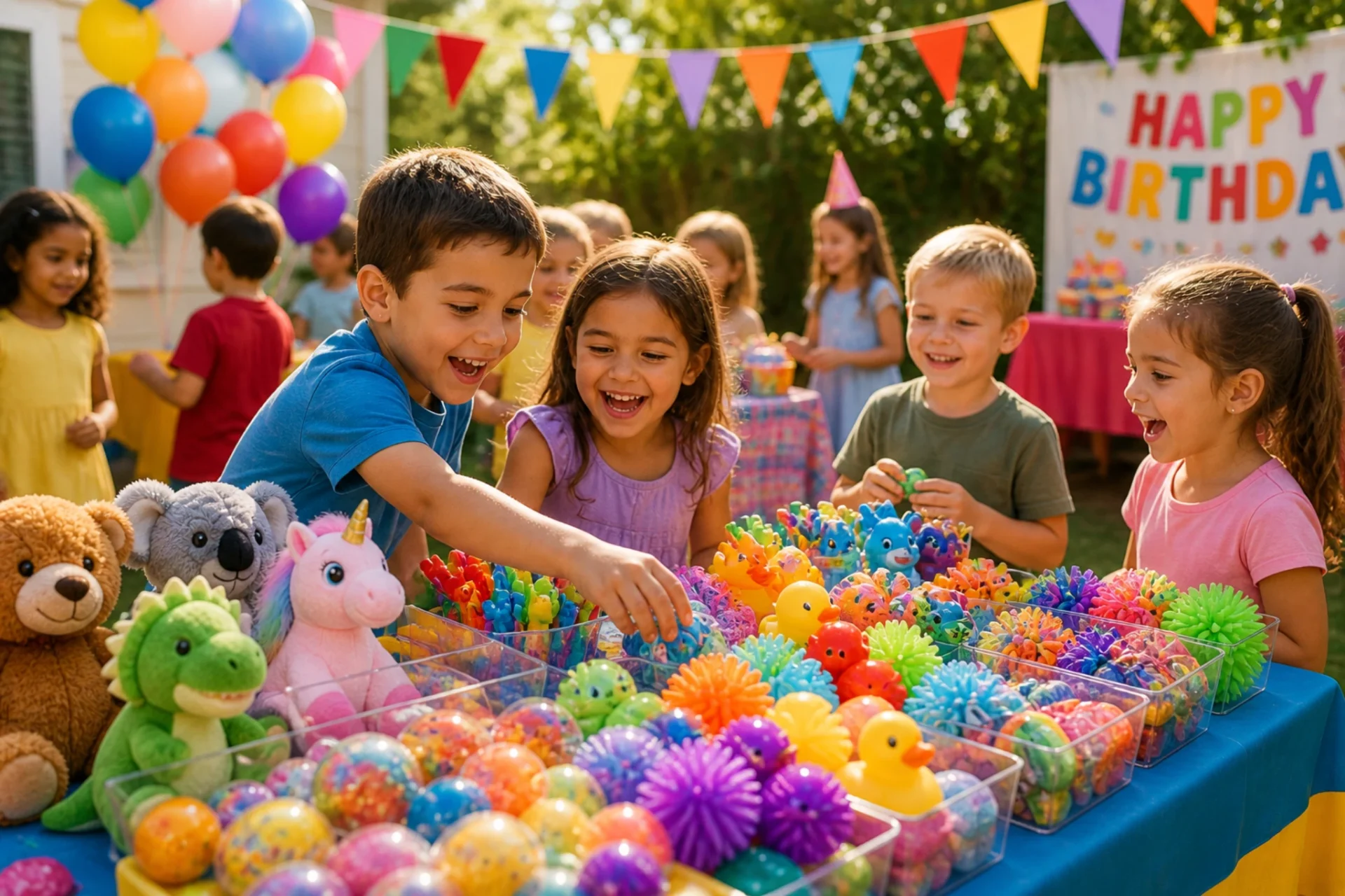 Kids event prize table with bulk toys, plush prizes, and party game rewards at outdoor celebration