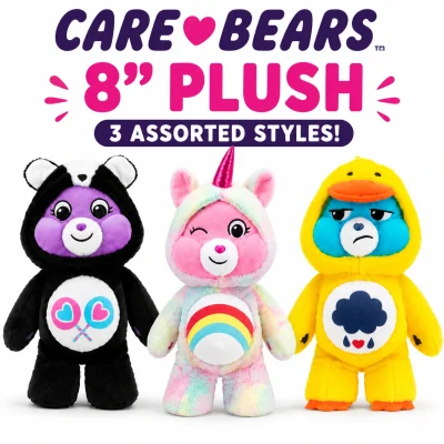 Care Bears 8-inch plush assortment featuring three colorful costume hoodie styles including panda, unicorn, and duck designs on a clean white background.