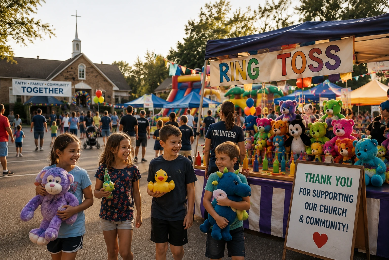 Outdoor church community carnival with families, inflatable games, plush prize booth, ring toss, and colorful festival attractions