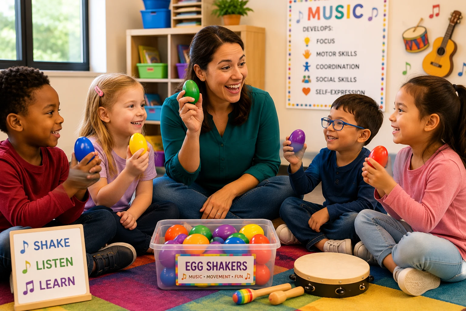 Teacher leading children using colorful egg shakers during a classroom music therapy and sensory rhythm activity