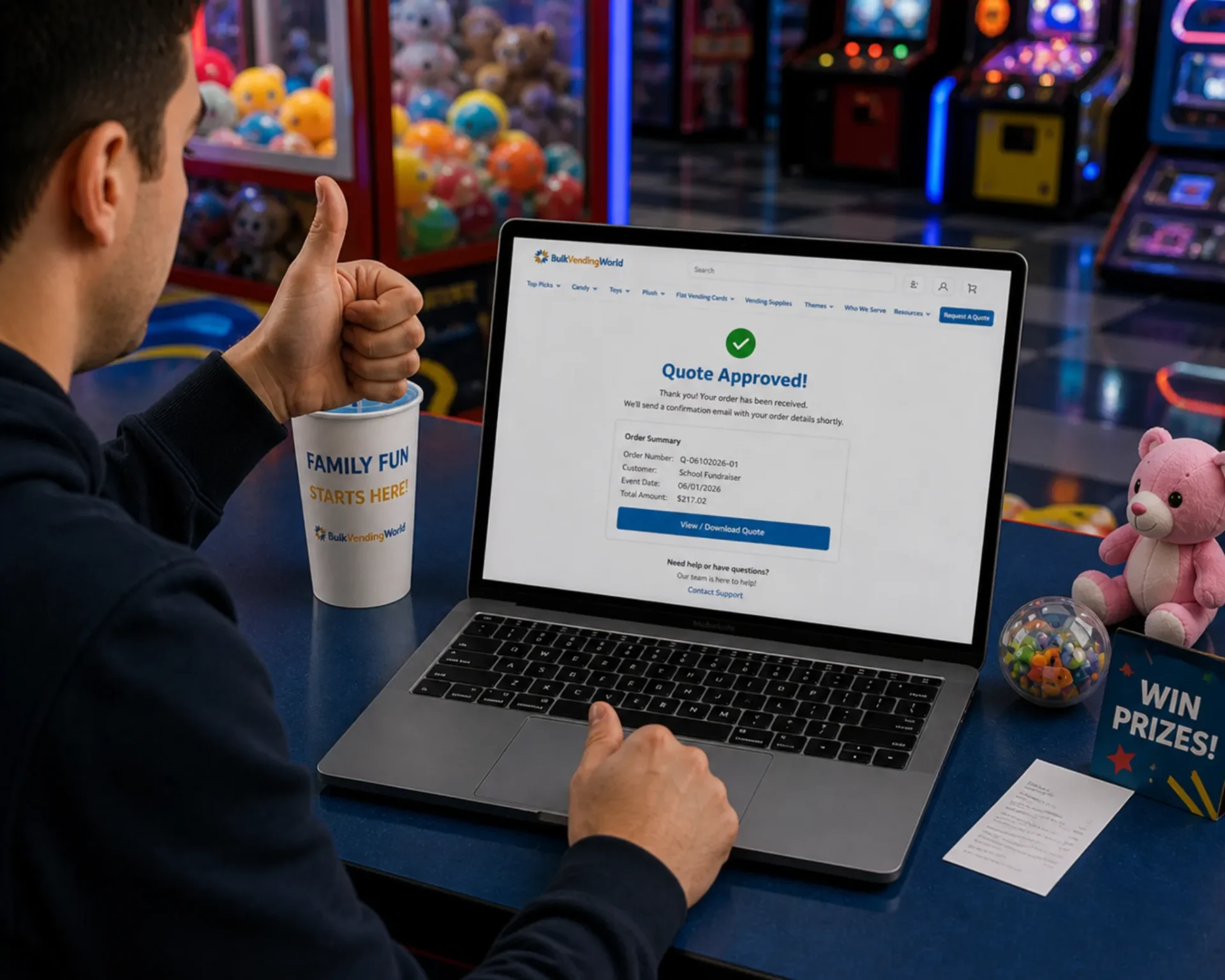 Customer reviewing and approving a bulk vending order quote
