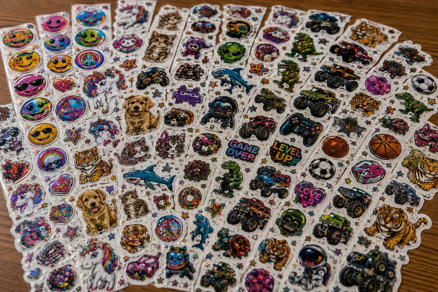 Holographic vending sticker sheets featuring emojis, unicorns, dinosaurs, gaming, monster trucks, sports, sharks, and novelty designs