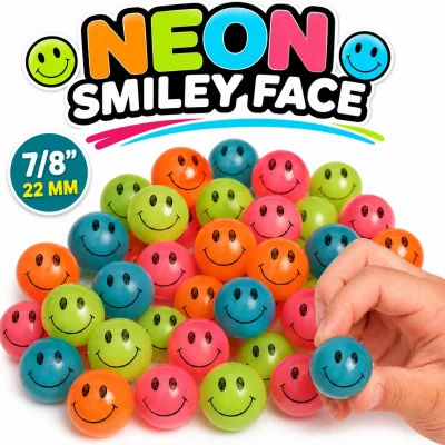 22mm (7/8-inch) neon smiley face rubber bouncy balls in assorted bright colors including orange, blue, green, and pink with Neon Smiley Face title on a white background, perfect for toy vending machines, capsule fillers, arcade prizes, redemption counters, party favors, and bulk vending.