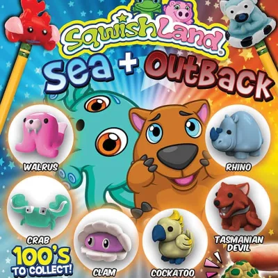 SquishLand Sea + OutBack collectible squishy animal capsule toy display featuring walrus, crab, clam, cockatoo, rhino, Tasmanian devil, and turtle figures.