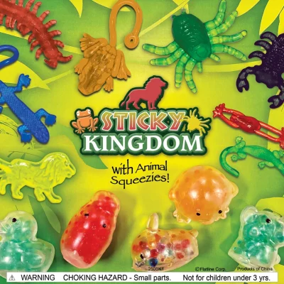 Sticky Kingdom animal squeeze toys in 2-inch capsules featuring sticky reptiles, insects, frogs, and squishy animal collectibles for bulk vending machines.