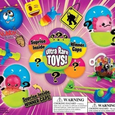 Colorful ultra rare toy display graphic featuring surprise capsules, winner caps, punch balls, novelty toys, and bright arcade-style artwork.