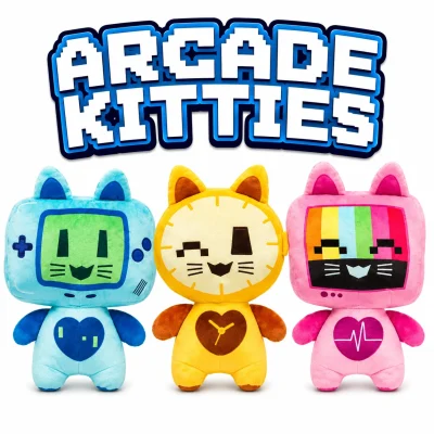 Arcade Kitties plush toys featuring three retro gaming-inspired cat characters with TV and pixel-themed faces on a white background with a bold ARCADE KITTIES title above. Perfect for crane machines, arcades, redemption counters, and prize programs.