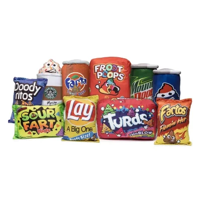 "Assorted junk food parody plush toys including Doody Chips, Sour Fart Kids, Lay's parody chips, Turds candy, Fartos chips, soda cans, coffee cup, and novelty snack-themed plush prizes displayed on a clean white background. Ideal for claw machines, arcades, redemption counters, and novelty prize games."