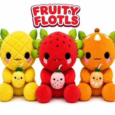 "Three colorful fruit-themed axolotl plush toys displayed on a clean white background beneath a bold 'FRUITY FLOTLS' title. Features strawberry, pineapple, and orange axolotl characters holding matching fruit drinks, with soft plush fabric, embroidered faces, and bright collectible designs. Perfect for claw machines, arcade prizes, redemption counters, amusement centers, gift shops, and plush toy collections."